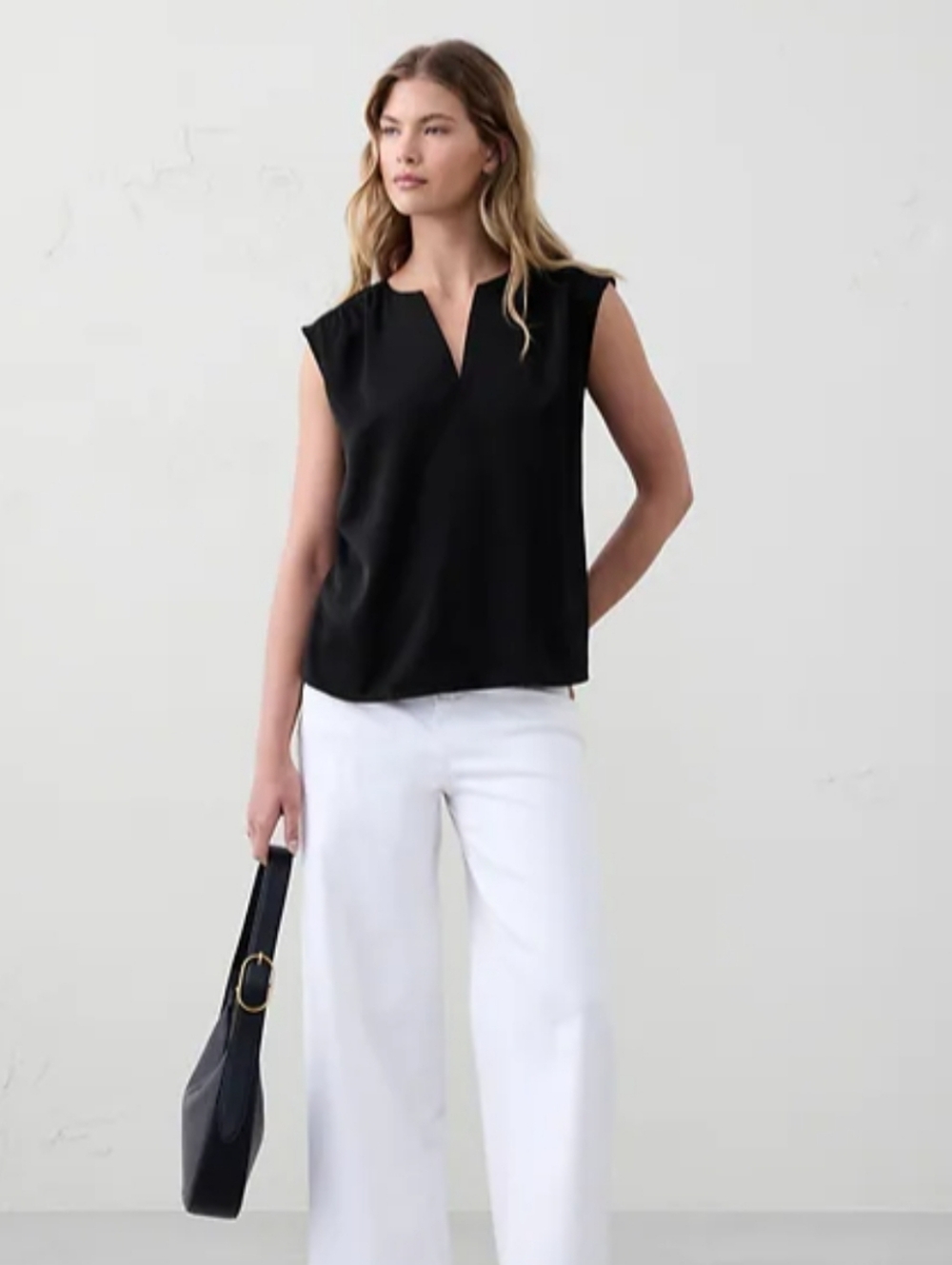 Banana Republic Black Cap-Sleeve V-Neck Button Down Top Silk Blend